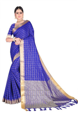 Fancy Fab Checkered Handloom Cotton Linen, Cotton Blend Saree(Blue)