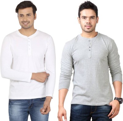 Adorbs Solid Men Henley Neck White, Grey T-Shirt