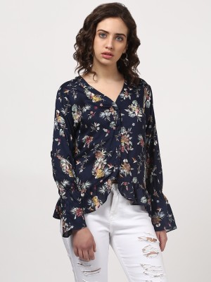 HARPA Casual Bell Sleeve Floral Print Women Dark Blue Top