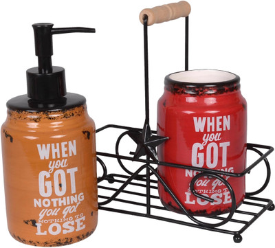 

Scrafts Red Yellow Dispenser & Jar Set With Iron Tray Washing Machine Soap Dispenser