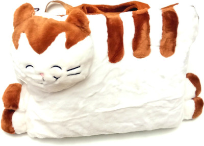 Aparnas cute fur cat bag for kids travel birthday gift love girl Plush Bag(White, Brown, 10 L)