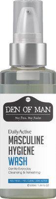 

den of man DailyActive Masculine Hygiene Wash | 50GM | Fortified With Bliss of Earth Witch Hazel, Tea Tree Essential Oil & 99% Aloe Vera Gel | Complete Hygiene Care For Men | Daily Cooling & Refreshing |(50 g)