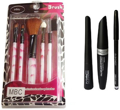 

jollity Make Up Brush Set Of 5 And MAC 3 in One Eyeliner & Pencil & Mascara (Set Of 2)(Set of 2)