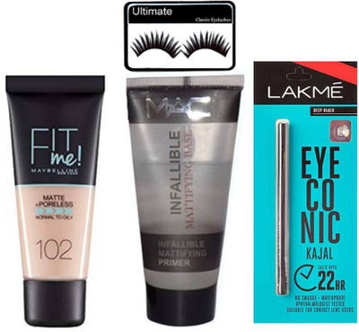 Ultimate Eyelashes, New York Fit Me Matte + Poreless Foundation & Mac infallible Face Primer & Lakme Deep Black Eyeconic Kajal (Set of 4)(Set of 4)