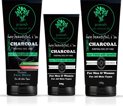 

PRAMSH Activated Charcoal Face Wash 100gm & Charcoal Peel Off Mask 160gm (Medical Grade)-For Anti Acne Blackhead Removal Instant Glow Combo Pack Of(Set of 3)