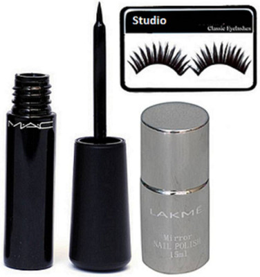 studio Eyelashes, Mac Waterproof Eyeliner, Mirror Nail Polish(Set of 3)
