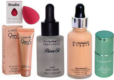 

studio sponge puff , Mac water weight foundation , prep+prime primer oil with weight less mousse foundation, Mirror Nail Polish(Set of 5)