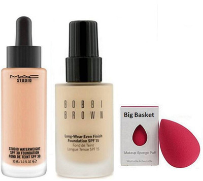 

big basket Sponge Puff with Mac Studio Waterweight Foundation and Bobbi Brown Long wear Foundation(Set of 3)