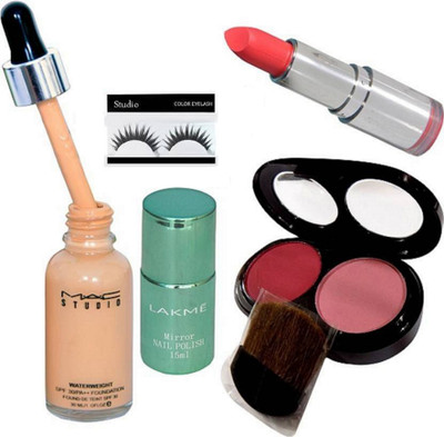 

Studio Eyelashes With Mac Waterweight Foundation With 2 Shades Blusher,Mirror Nail Polish With Colorbar Matte finish Lipstick(Set of 5)