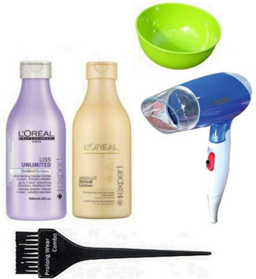 

Pro longwear combo Hair Brush,L'oreal Professional Absolut Repair Lipidium Shampoo,Liss Unlimited Shampoo,Bowl,Nova NV 617B 1400W Proffesional Hair dryer(Set of 5)