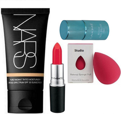 

studio Sponge Puff, Nars Pure Radiant Tinted Foundation Cream, Mac Lustre Lipstick, Mirror Nail Polish(Set of 4)