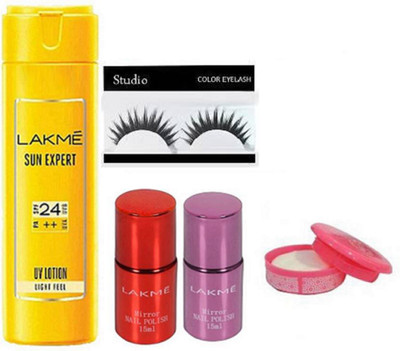 

Studio Eyelashes With Mac Mirror nail Polish 2 Colors,Nail Polish Remover,Sun Expert 24SPF Body Lotion(Set of 5)