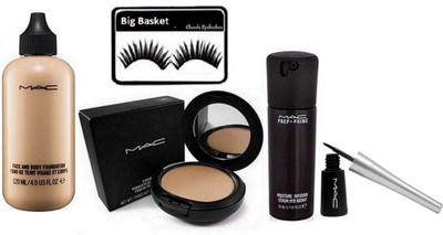 

big basket Eyelashes, Mac Face & Body Foundation, Mac Studio fix Powder Plus foundation Fond De Teint,Mac Prep+Primer, Liquid Eyeliner(Set of 5)