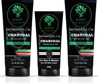 

PRAMSH Activated Charcoal Face Wash 100*2=200gm & Charcoal Peel Off Mask 60gm (Medical Grade)-For Anti Acne Blackhead Removal Instant Glow Combo Pack Of(Set of 3)