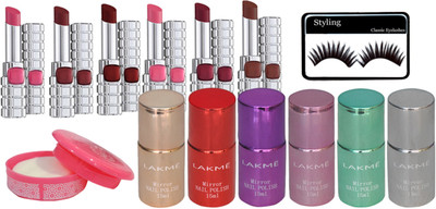 

styling eyelashes , l'oreal matte finish shine lipstick (set of 5) wi th mirror nail polish (set of 5) with nail remover(Set of 12)