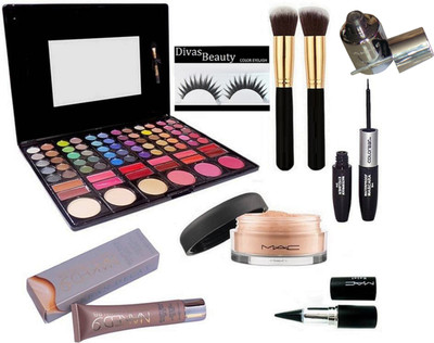 

divas beauty Eyelashes, Mac Professional 78 Shade Eyeshadow Palette + Two Makeup Brush, Loose Powder, Colorbar 2 in 1 Eyeliner+Mascara & Nake9 BB Cream & Black Stick Kajal, Mirror Nail Polish (Set of 9)(Set of 9)