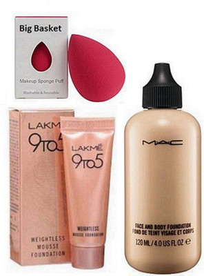 

big basket Sponge Puff, Mac Face & Body Liquid Foundation, 9to5 Mousse(Set of 3)