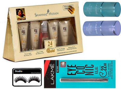 

studio Eyelashes, Shahnaz Husain Gold 24 Carat Facial Kit, Eyeconic Kajal, Mirror Nail Polish Pack of 2(Set of 5)