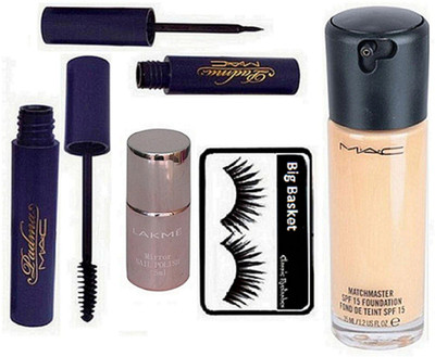 

big basket Eyelashes, Mac Matchmaster Foundation spf 15, Padma Mascara & Eyeliner, Mirror Nail paint(Set of 5)