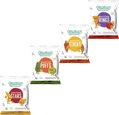 

timios Kids Party Pack | Healthy Snack for Kids | Natural Energy Food Product | Nutritious and Ready to Eat for Children 2+ Years Pack of 24 Combo(Banana & Honey Stars – 6 nos. Tomato & Cheese Rings – 6 nos. Carrot & Cumin Sticks – 6 nos. Spinach & Lime P