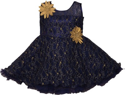 Wishkaro Girls Midi/Knee Length Party Dress(Dark Blue, Sleeveless)