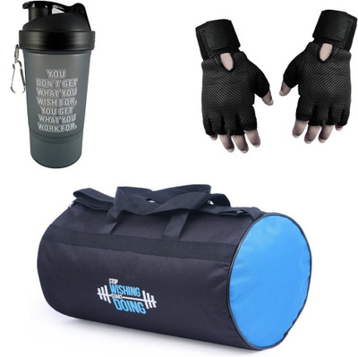 

Vellora Gym Bag, Protein Shaker And Gym Glove With Wrist Support Combo Gym & Fitness Kit
