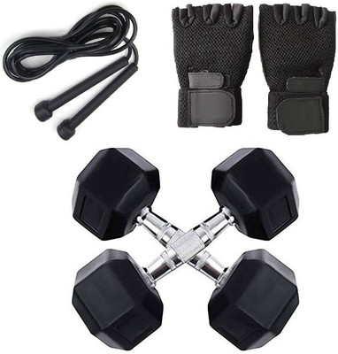 Krazy Fitness Hexagonal Rubber Fixed Weight Dumbbells 4'kg X 2 Pcs. + Speed Skipping Rope & Mesh Gym Gloves Gym & Fitness Kit