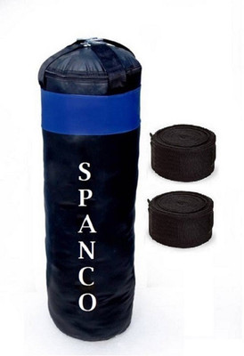 

SPANCO 7.5 Feet Long, PU Material, Black and Blue Color, Unfilled With Hanging Straps and 9 Feet Long Black Color Hand Wraps Pair Boxing Kit