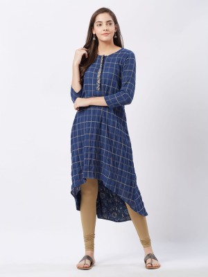 FUSION BEATS Women Checkered High Low Kurta(Dark Blue)