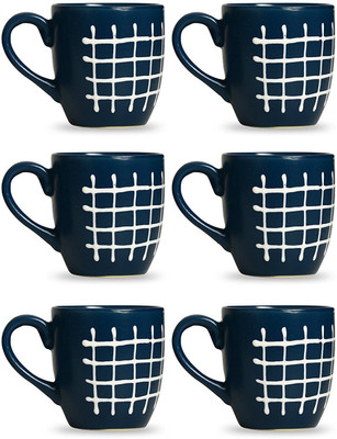 

caffeine Coffee Ceramic/Stoneware in Glossy Blue & White Check (Set of 6) Handmade Ceramic Mug(300 ml, Pack of 6)