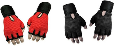 

beauty gold lather+netted palm support weight lifting Gym & Fitness Gloves (Free Size, Red, Black), Black;red