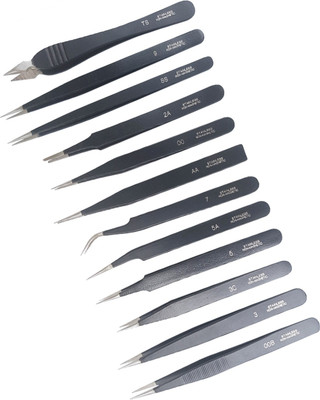 

Scorpion 12pc Tweezers Non-Magnetic Black Epoxy Coated For Gadget Repairing, Soldering, Hobby, Craft, Jewellery Making, Watch repair Work & Personal Care