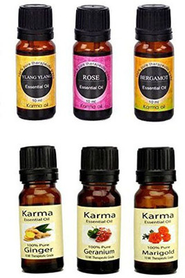 

karmakara Set of 6 100% Pure Therapeutic Essential Oils Ylang Ylang Bergamot Rose,Marigold,Ginger,Geranium 10ml Bath Care Bath Oil Essential Oil Not for internal use(10 ml)
