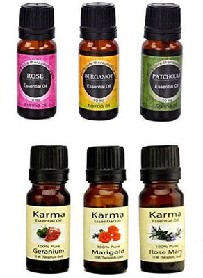 

karmakara Set of 6 100% Pure Therapeutic Essential Oils Bergamot , Rose, Patchouli RoseMarry,Marigold,Geranium, 10ml Bath Care Bath Oil Essential Oil Not for internal use(10 ml)