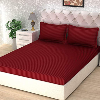 Skytex 210 TC Satin King Striped Fitted (Elastic) Bedsheet(Pack of 1, Maroon)