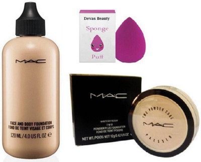 

divas beauty Spounge Puff , Mac Face and Body Foundation Found De Teint With Mac Waterproof Two Powder Plus Foundation Found De Teint Poudre(Set of 3)