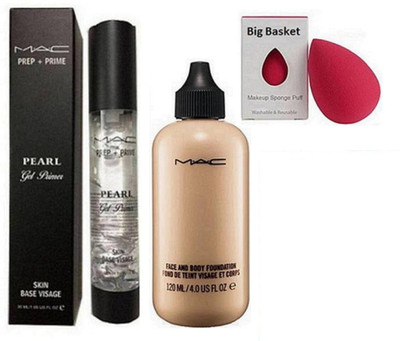 

big basket Sponge Puff with Mac face and Body Foundation and Prep + Prime Pearl Gel Primer(Set of 3)