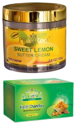 

Pink Root SWEET LEMON CREAM 100G WITH NATURENCE HALDI CHANDAN BLEACH 200G(Set of 2)