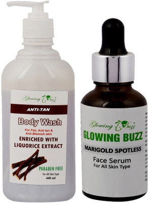 

Glowing Buzz Anti-Tan Body Wash (440ml) Enriched with Liquorice Extract for Fair, Anti tan & Anti Blemish Skin and Marigold Spotless Face Serum For Flawless Skin(Set of 2)