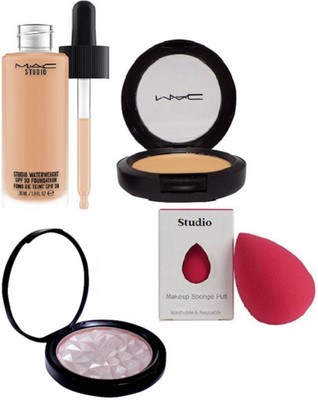 

studio sponge puff With mac waterweight liquid foundation , S.fix powder plus compact with fit me makeup beauty illuminator(Set of 4)