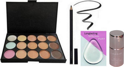 

Longlasting Silicon puff, 15 Shades Concealer Palette, Mirror Nail Paint,Pencil Kajal(Set of 4)