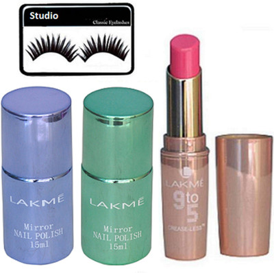 

studio Eyelashes With Mirror Nail polish set of 2, 9to5 Creaseless Lipstick(Set of 4)