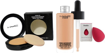 

studio sponge puff , mac S. water weight Liquid Foundation Beige SPF 15 with S. fix powder plus compact(Set of 3)