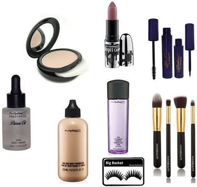 

big basket Eyelashes,Mac Studio Fix Compact, Face and Body Foundation,Brooke Candy Lipstick,Primer Oil Skin Base Visage,Padma Liner&Mascara,Pro Eye Makeup Remover&Huda Brush(Set of 9)