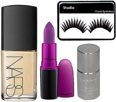 

studio Eyelashes , Nars liquid foundation with long lasting lipstick, Mirror Nail polish(Set of 4)