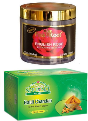 

Pink Root ENGLISH ROSE SCRUB 100G WITH NATURENCE HALDI CHANDAN BLEACH 200G(Set of 2)