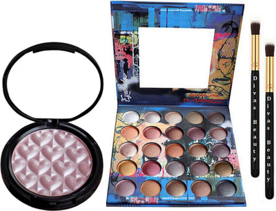 

divas beauty Makeup Brush 2,Professsional Makep 25 Shades Multi Colorful Eyeshadow Pelette & Salena Light Pink Shade Illuminator (Set of 4)(Set of 4)