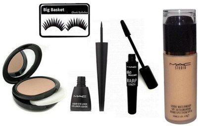 

big basket Eyelashes, studio fix Compact,Studio WaterWeight Liquid Foundation,Waterproof Eyeliner&180 Warp Lenght Upward lash Mascara(Set of 5)