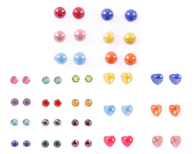 

HONBON Multicolor small Crystal & Heart Shape & Multi Color Round Shape Stud Earrings With Plastic Back for Girls and Women (Combo of 24 Pairs) Plastic Stud Earring