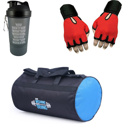 

Vellora Gym Bag, Protein Shaker And Gym Glove With Wrist Support Combo Gym & Fitness Kit
